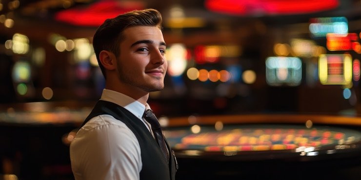 Kumpulan slot machine dengan lampu warna-warni yang memikat, suasana permainan kasino modern
